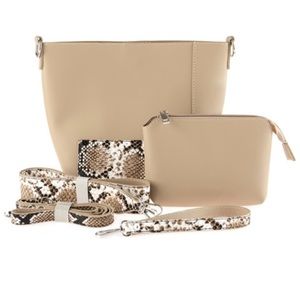 Beige Leather Shoulder Bag with Snakeskin Straps